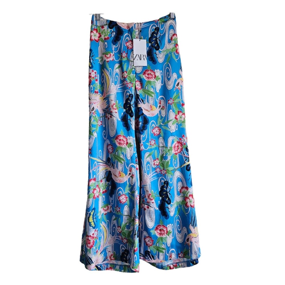 ZARA Women's M Palazzo Pants Satiny Tropical Wide Leg Birds Flowers Waist 26"